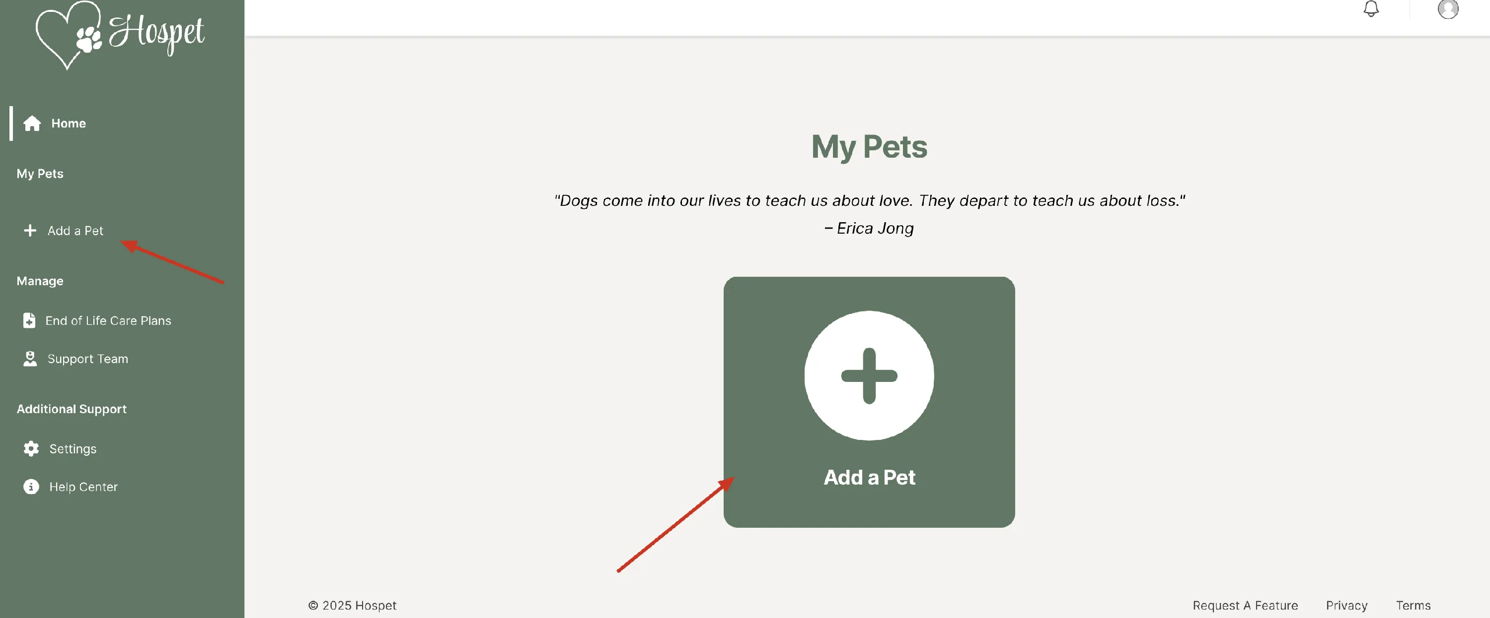 Hospet dashboard with arrows pointing to the “Add a Pet” link in the sidebar and the “Add a Pet” card on the My Pets page