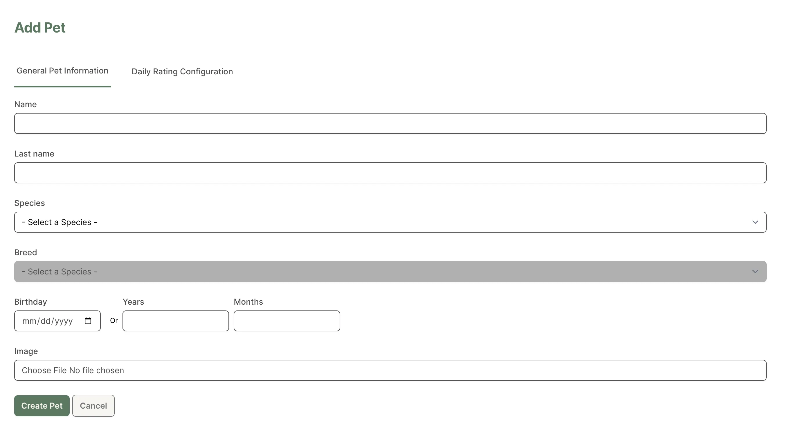 The Add Pet form, with fields for name, last name, species, breed, birthday or age, and an image, plus Create Pet and Cancel buttons