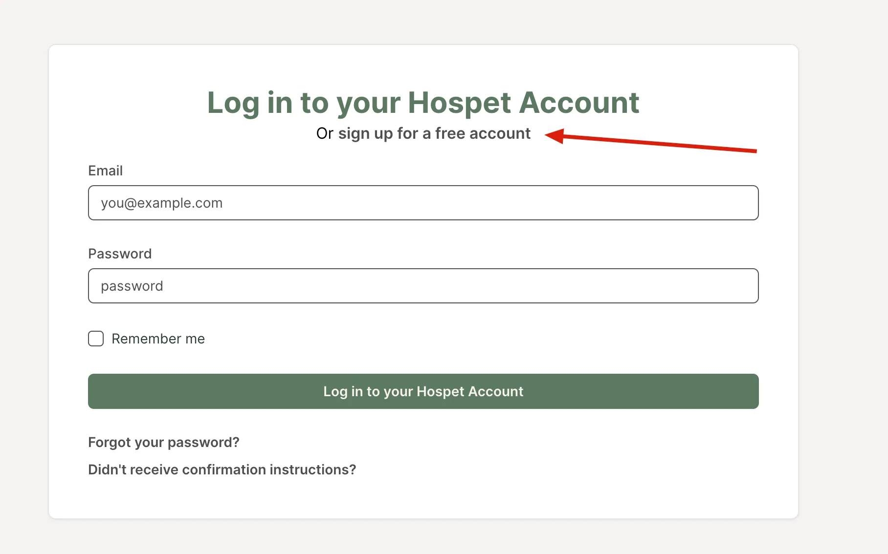 The “Log in to your Hospet Account” page, with an arrow pointing to the “Or sign up for a free account” link