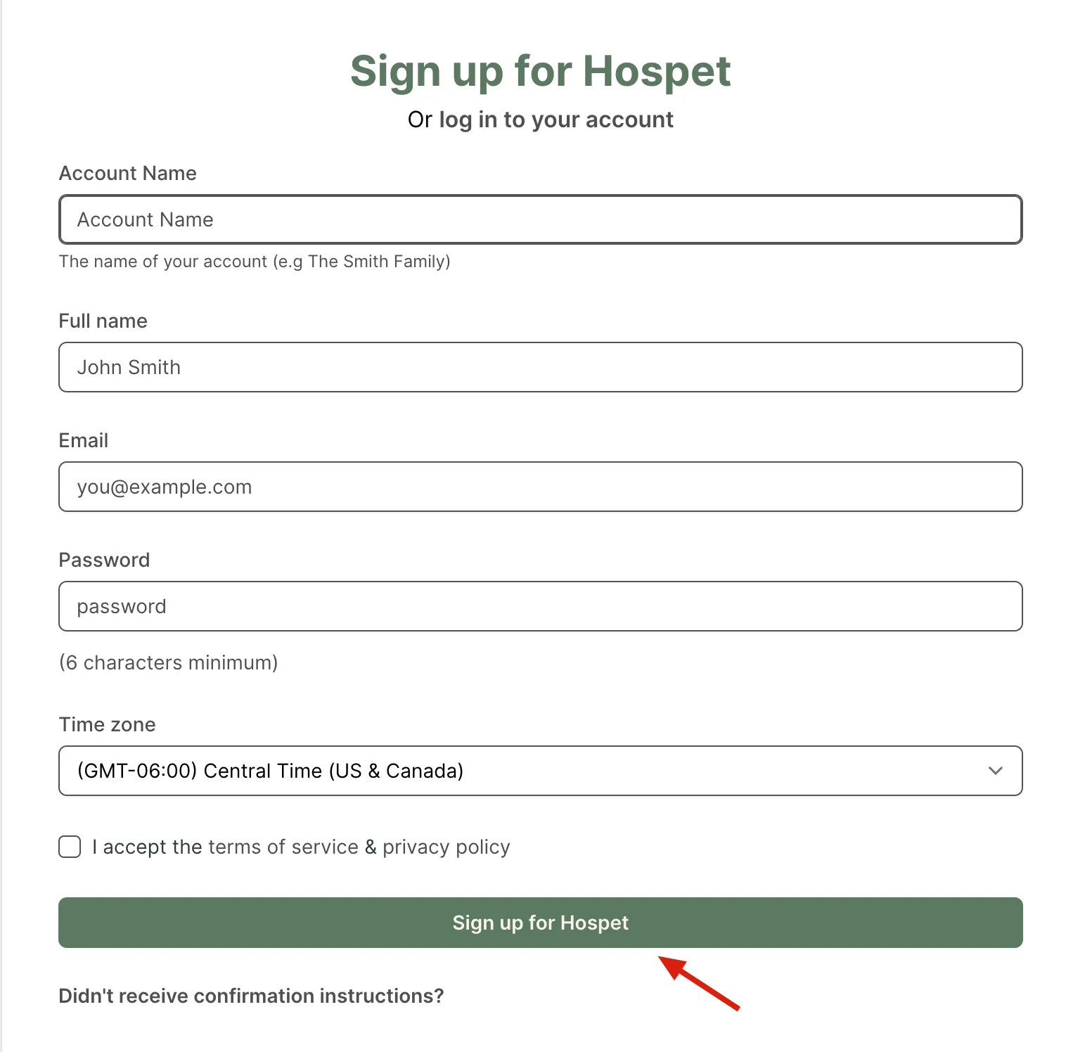 The “Sign up for Hospet” form, with fields for account name, full name, email, password and time zone, and an arrow pointing to the “Sign up for Hospet” button