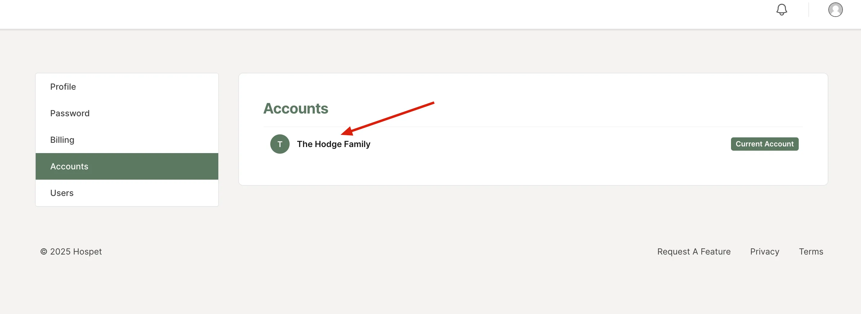 The Accounts settings page, with an arrow pointing to the account name in the list