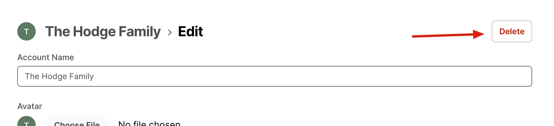 The Edit Account page, with an arrow pointing to the “Delete” button