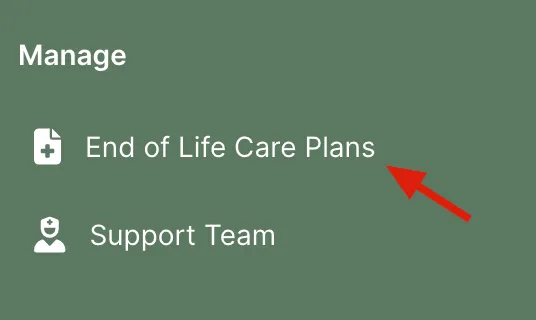 The Manage section of the Hospet sidebar, with an arrow pointing to “End of Life Care Plans”